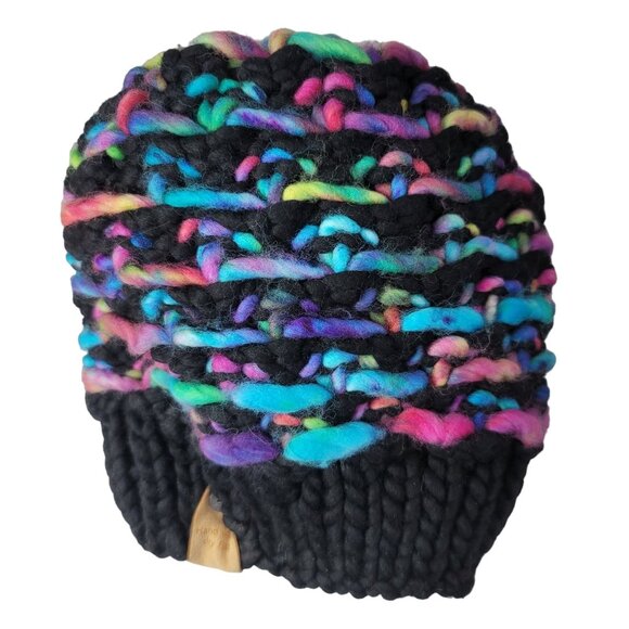 907 Knits Pom Pom Beanie Hat Black Multicolor Rainbow Fresh Tracks Lotus Flower - Picture 6 of 8